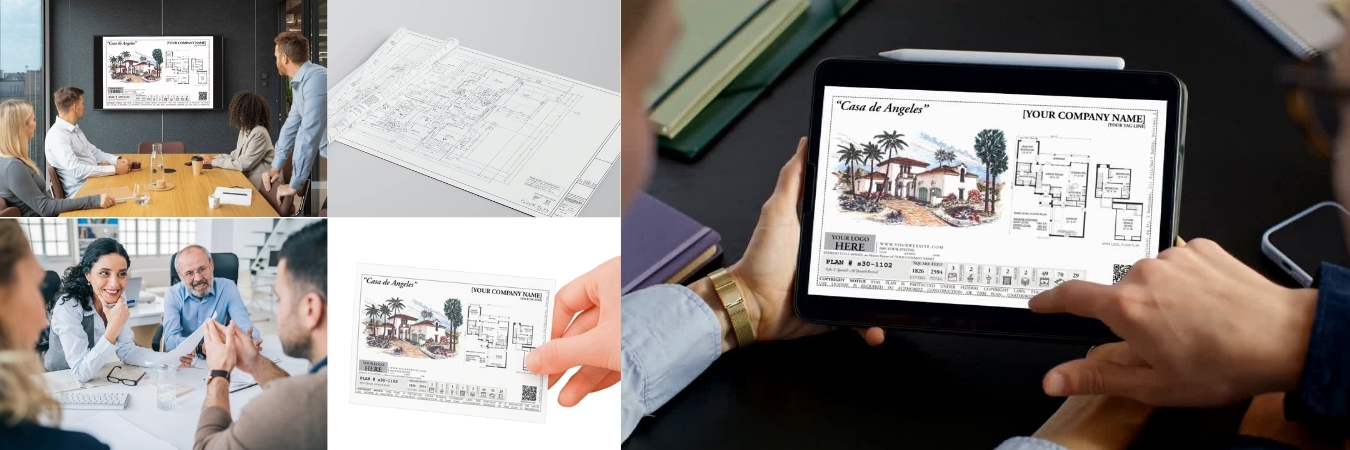 Marketing materials being used at a client meeting (bottom left), presentation to stakeholders (top left), and in print and web formats (middle and right).