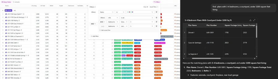 User friendly database allows for advanced searching and filtering of house plans (left).Automated Plan Assistant lets you chat with AI to locate plans based on your search criteria (right)