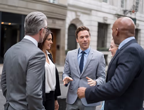 Happy business people talking