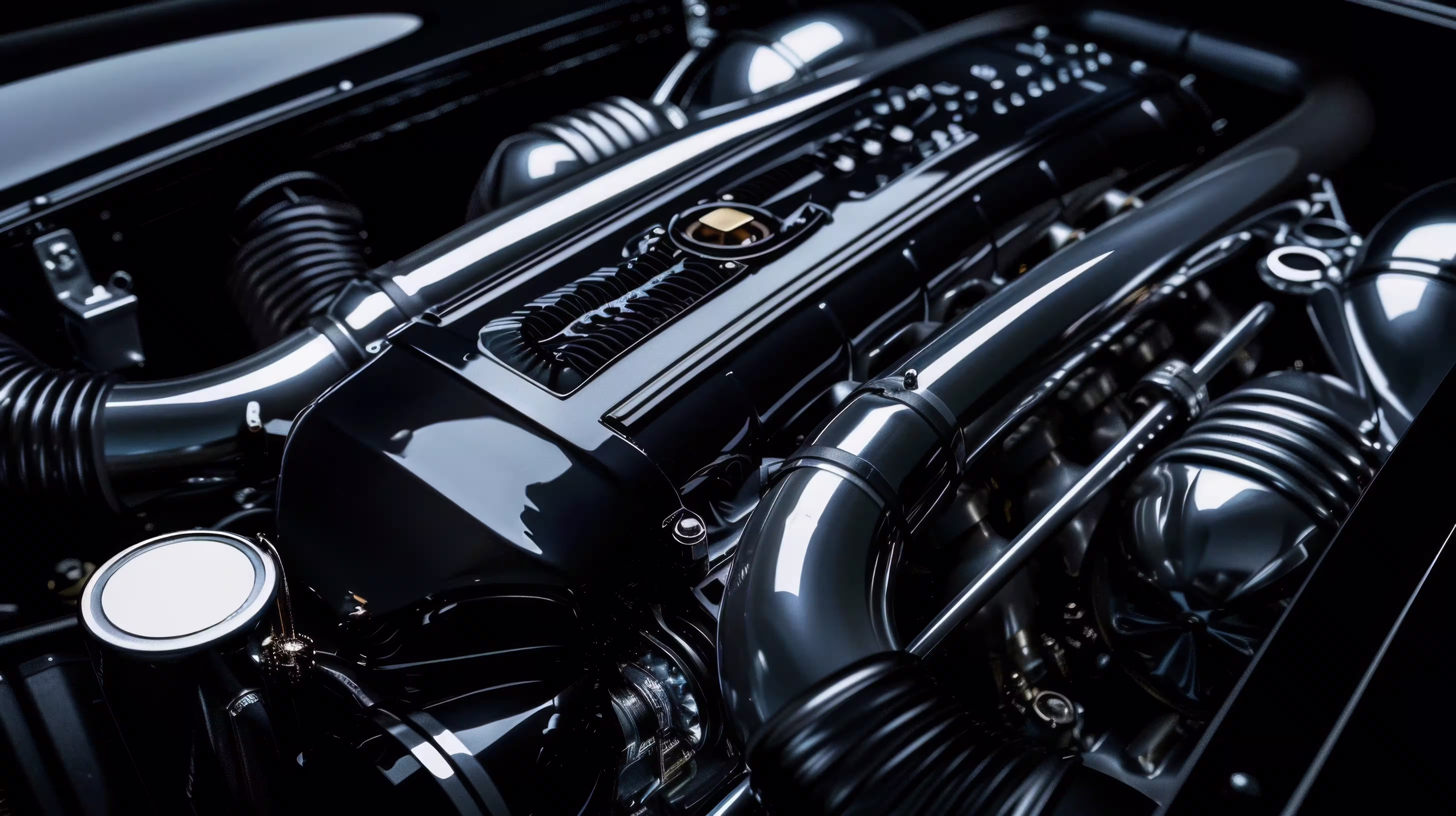 Close-up of a sleek, polished black car engine with reflective surfaces and visible tubes and components.