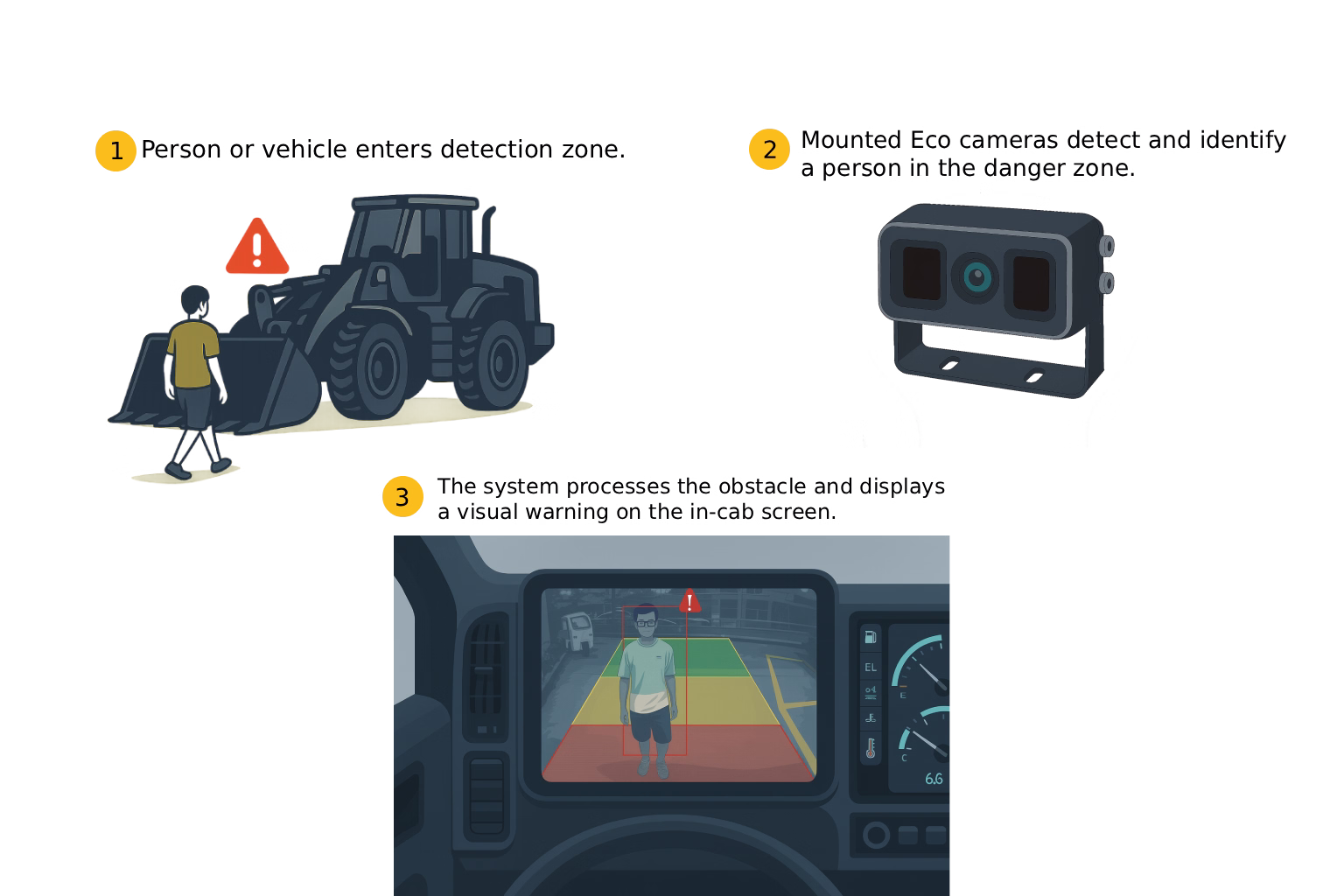 Flow chart showing how the Eco system works: 1)Person or vehcile enters detection zone. 2)Mounted Eco cameras detect and identify a person in the danger zone. 3) The system processes teh obstacle and displays a visual warning on the in-cab screen.
