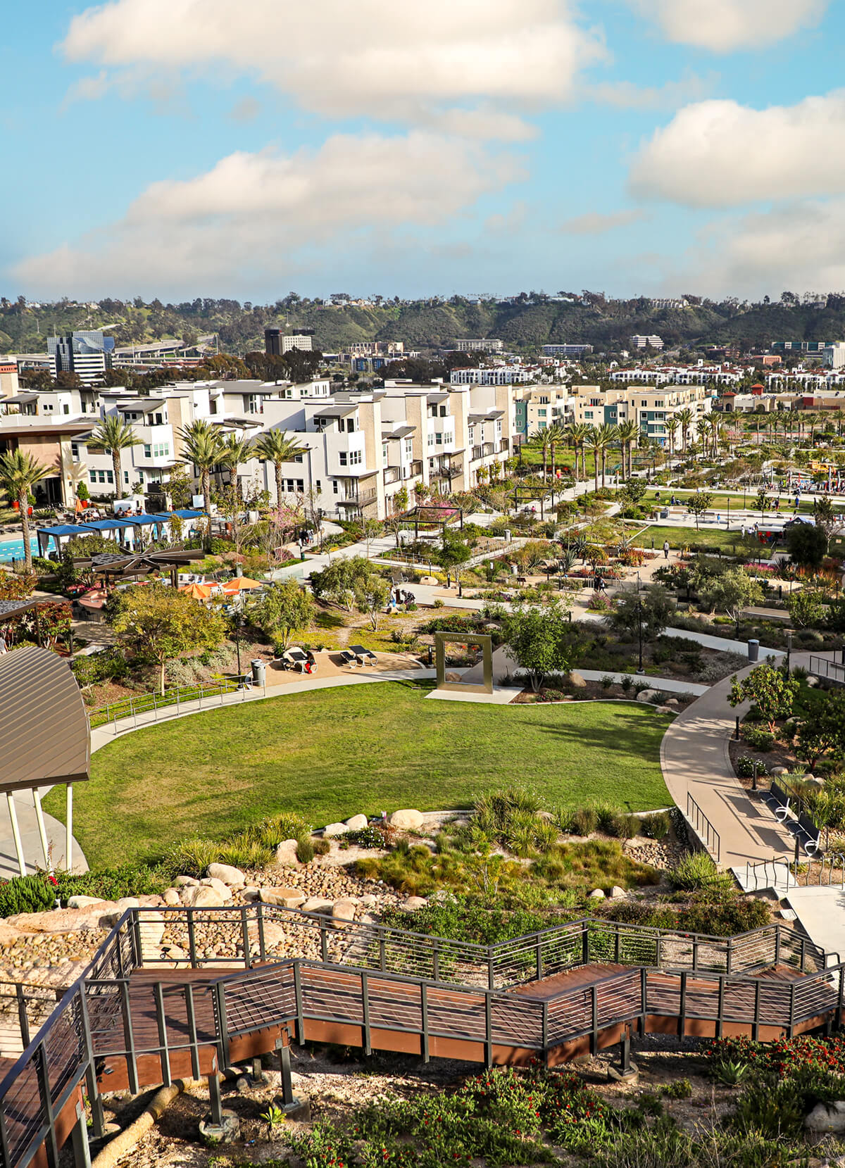 View of Civita Park in Mission Valley, San Diego with views of parks, walkpaths and residential multi-family living.