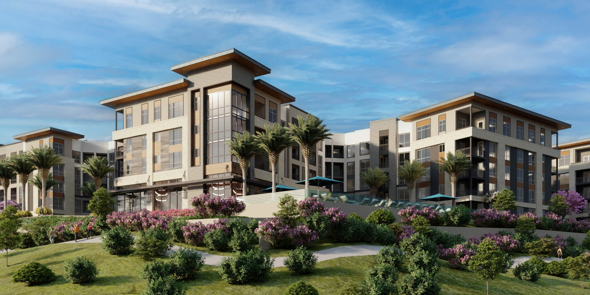 Beautiful outdoor render of a multi-family residential building with landscaping and lush grass around the top of the hill.
