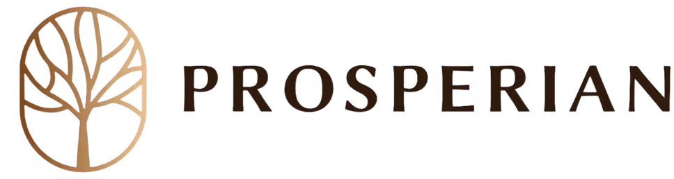 Logo de Prosperian avec un arbre stylisé dans un ovale doré à gauche du texte.