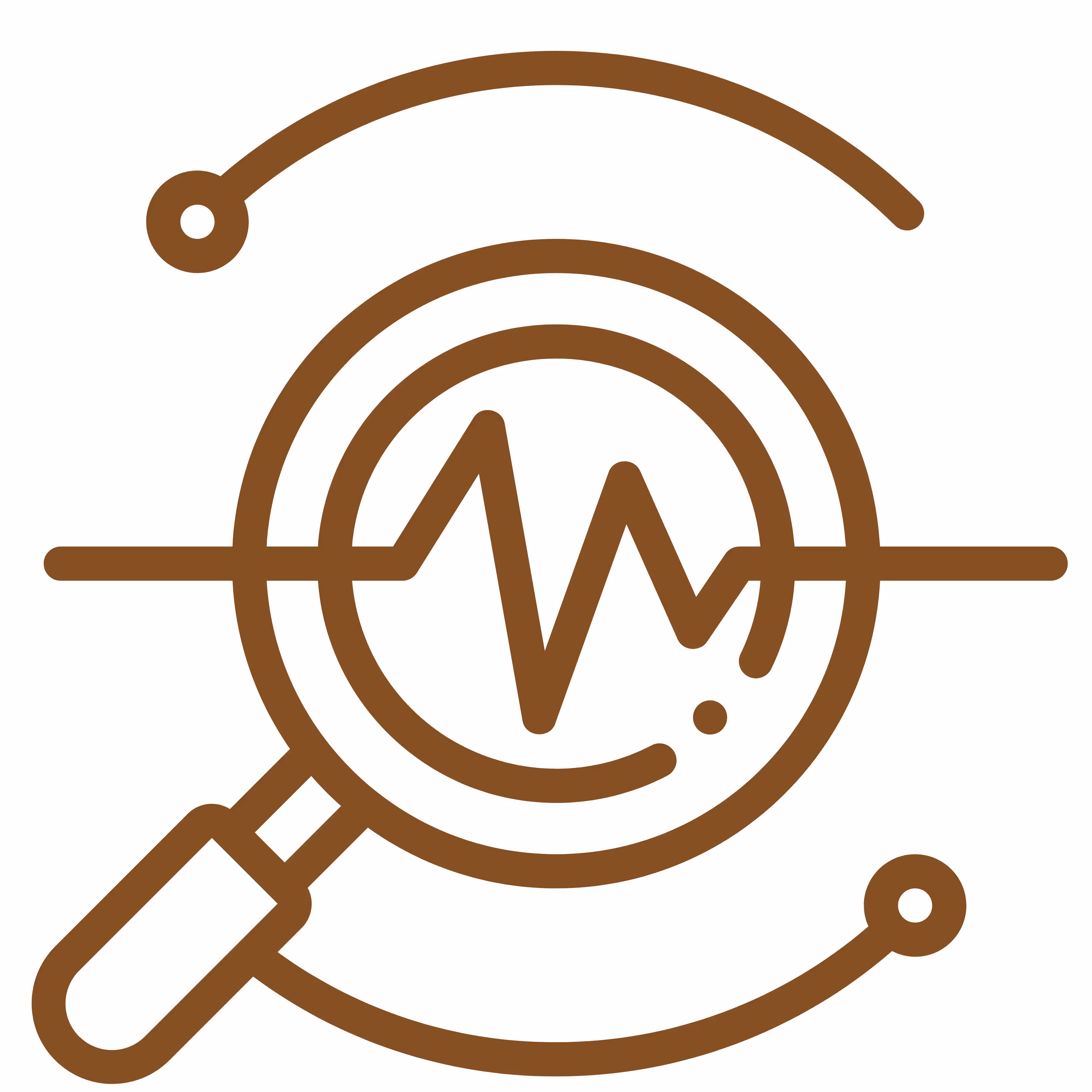 Icône marron d'une loupe examinant un graphique d'impulsion ou de fréquence, avec deux cercles concentriques et des lignes circulaires.