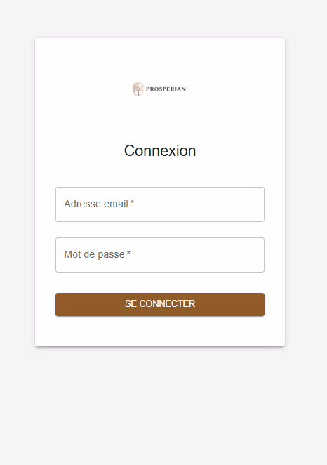 Formulaire de connexion avec les champs pour adresse email et mot de passe, bouton marron Se connecter, logo Prosperian en haut.