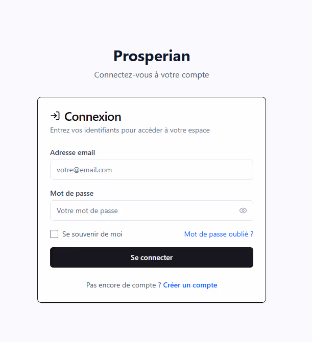 Formulaire de connexion Prosperian demandant l'adresse email et le mot de passe avec options pour se souvenir de l'utilisateur et liens pour mot de passe oublié et création de compte.