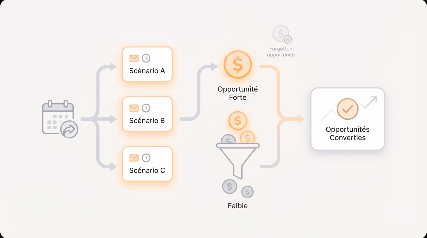 Diagramme montrant trois scénarios A, B et C menant à une opportunité forte ou faible, avec conversion des opportunités.