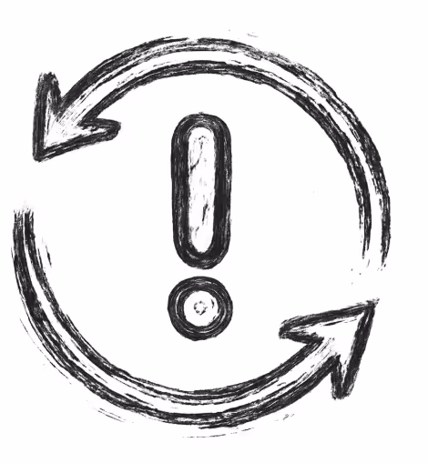 Icône en noir et blanc d'un point d'exclamation entouré de deux flèches courbées formant un cercle.