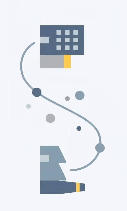 Illustration abstraite avec deux formes géométriques connectées par une ligne ondulée, avec des cercles dispersés autour.