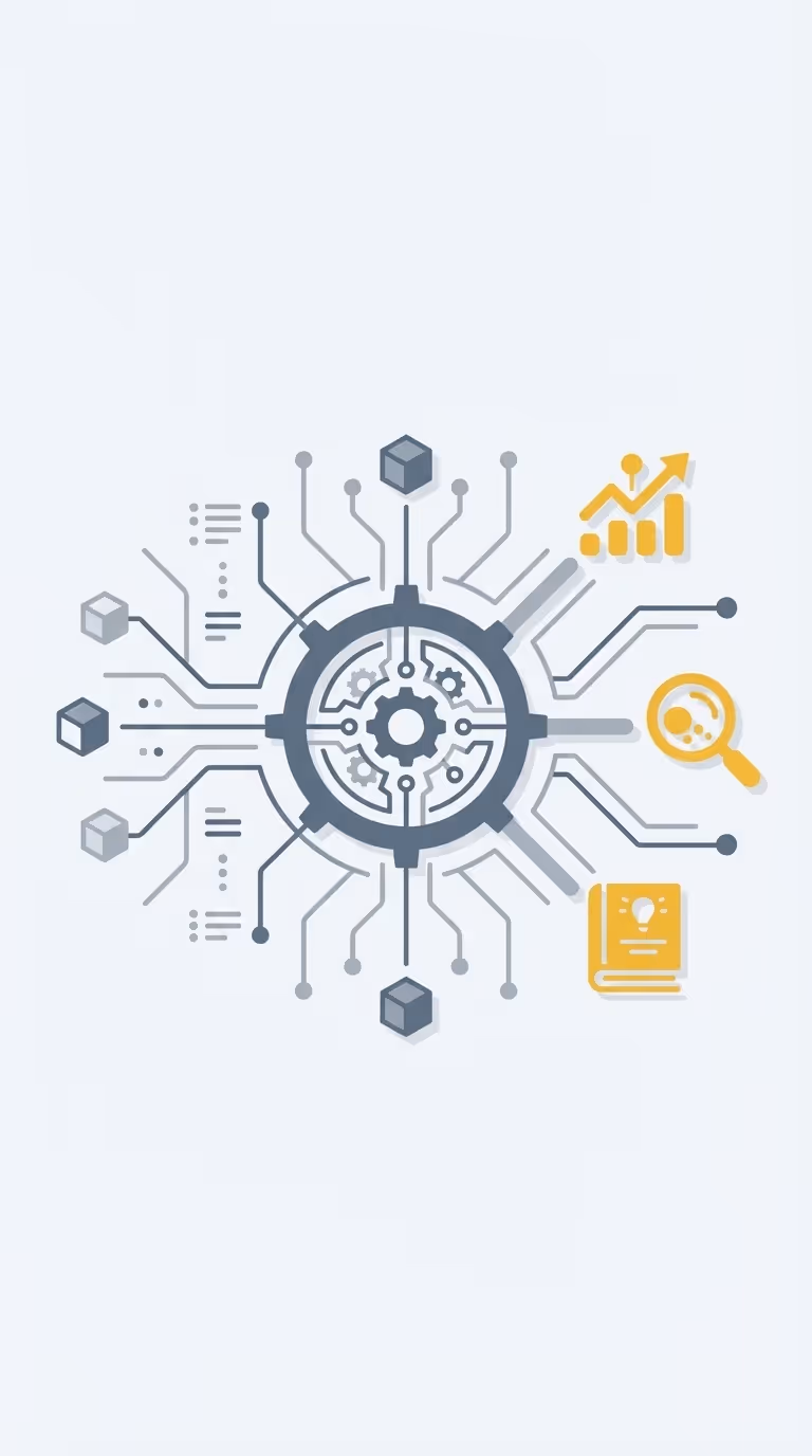Schéma d'un engrenage central connectant des circuits électroniques et des icônes jaunes représentant une croissance graphique, une loupe et un livre lumineux.