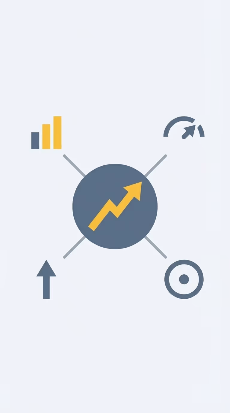 Icônes représentant la croissance et la progression : flèche ascendante, histogramme en barres, flèche dans un demi-cercle, et cible.