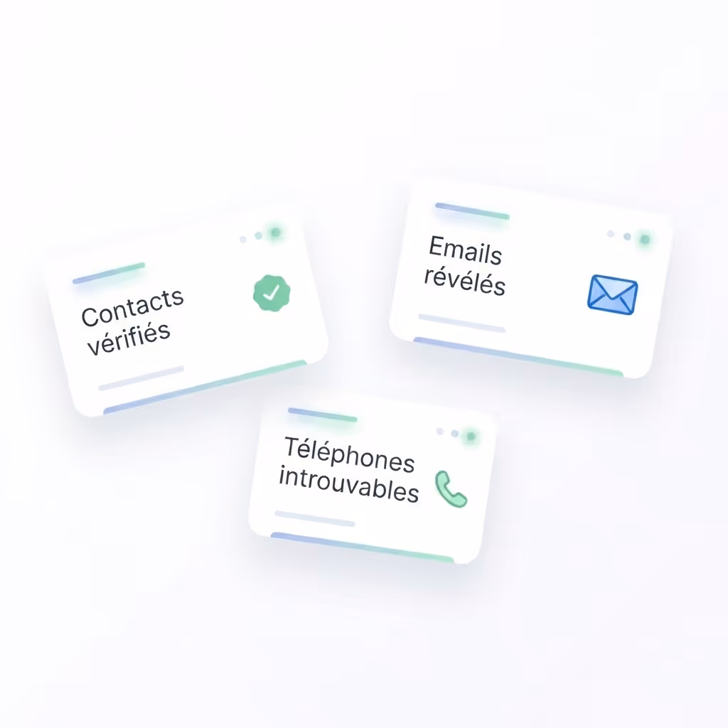 Trois cartes avec icônes et textes en français : Contacts vérifiés avec coche, Emails révélés avec enveloppe, Téléphones introuvables avec icône de téléphone.