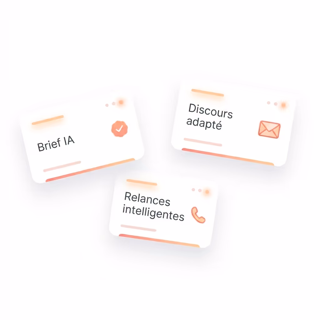 Trois cartes blanches avec textes français : « Brief IA », « Discours adapté » avec une icône d'enveloppe, et « Relances intelligentes » avec une icône de téléphone.