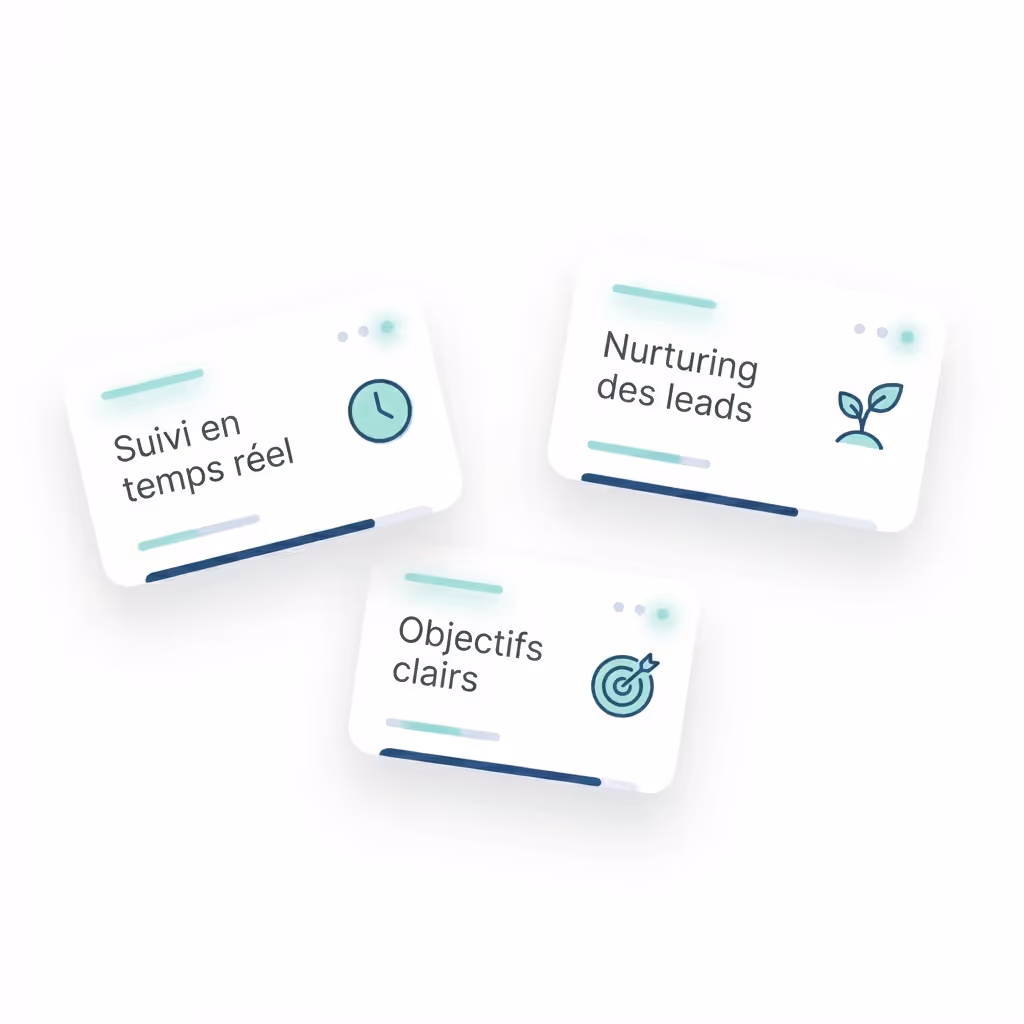 Trois cartes avec icônes symbolisant le suivi en temps réel, la nurturing des leads, et des objectifs clairs.