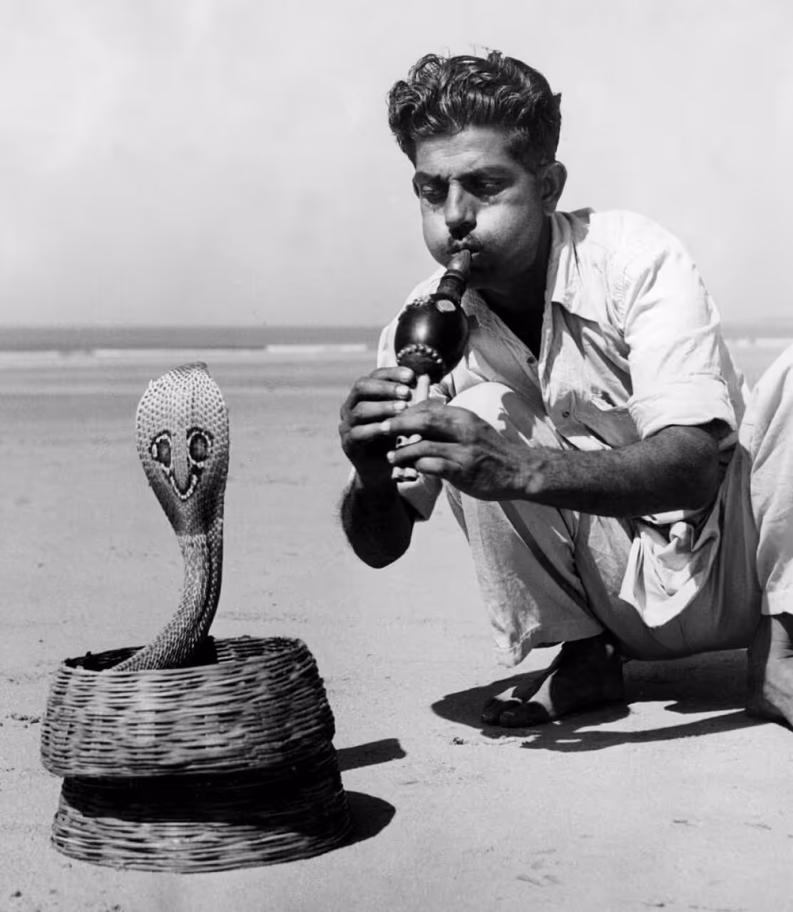 A man playing a flute to a cobra emerging from a wicker basket on a beach. The man is dressed in a light shirt and is kneeling while focused on the snake.