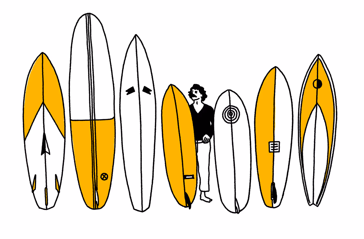 An illustrated image featuring several surfboards in a row. A figure stands next to the surfboards, which are predominantly white and yellow. The designs on the boards vary, showcasing different shapes and patterns.