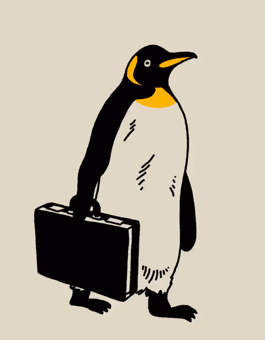 A cartoon-style penguin holding a black briefcase, standing upright against a plain beige background. The penguin has a bold black and white body with an orange accent on its head.