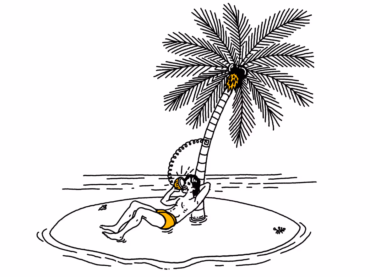 A cartoon illustration of a person relaxing on a small sandy beach with a palm tree. The individual is wearing swim trunks and sunglasses, lying on their back in a reclining position.