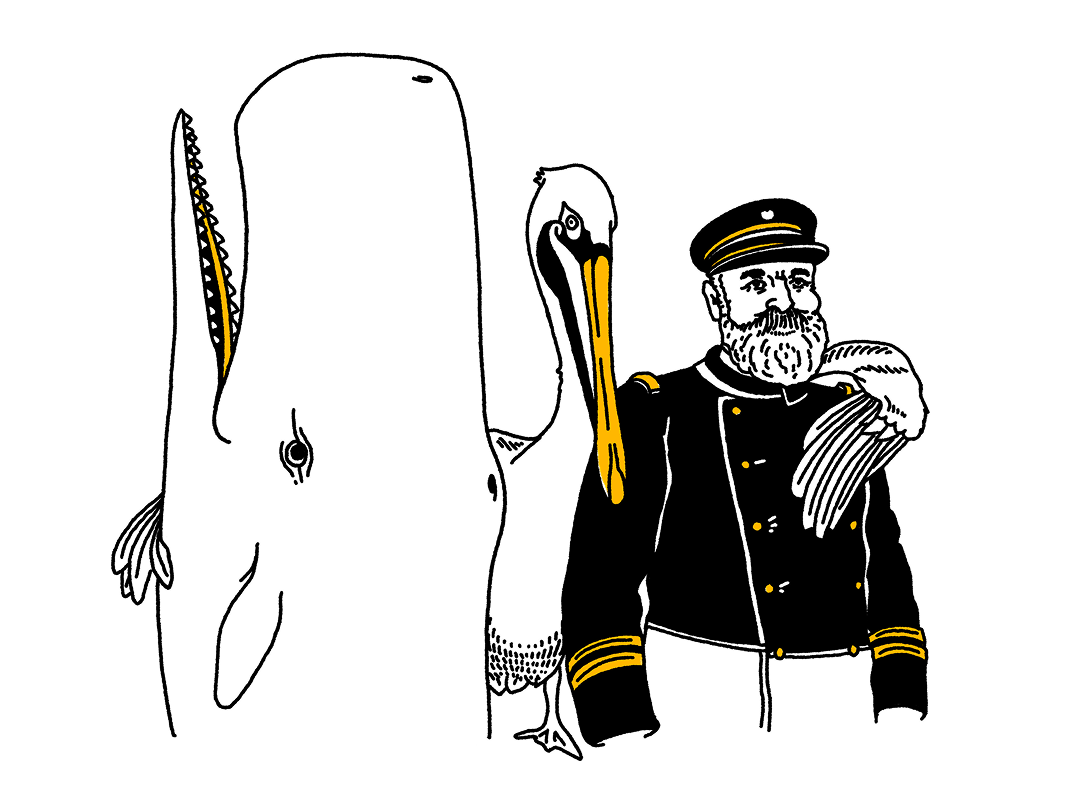 A minimalist illustration of two figures, one on the left with wavy hair and the other on the right wearing a coat with buttons, depicted in yellow against a black background.
