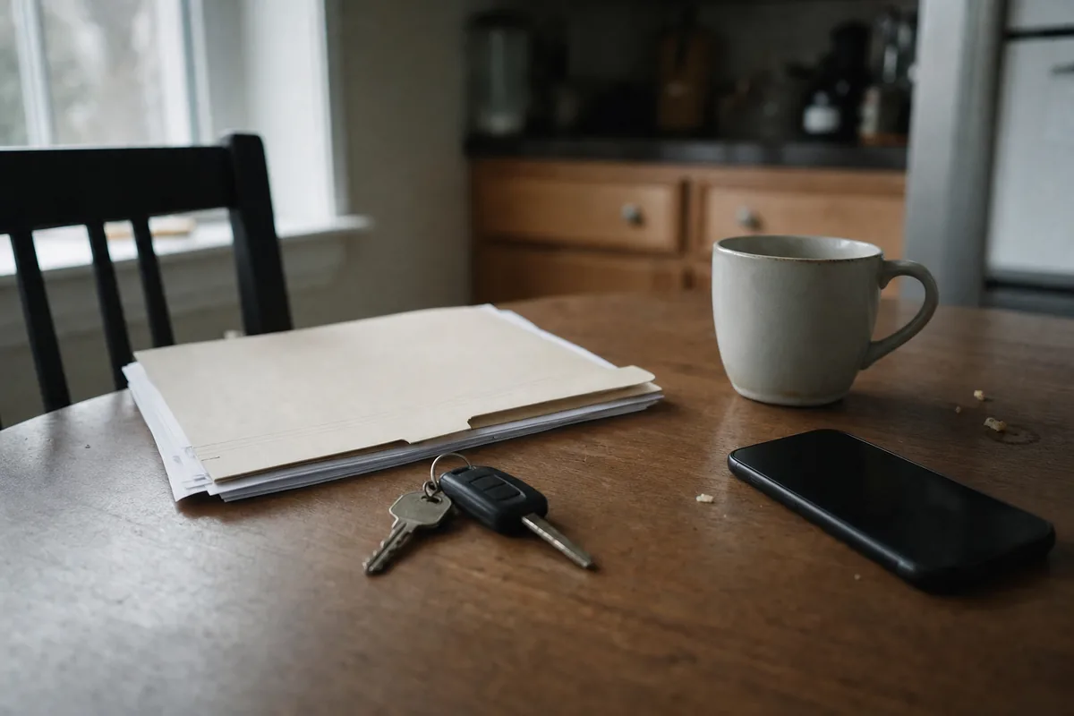 Insurance claim paperwork, car keys, and a phone on a kitchen table
