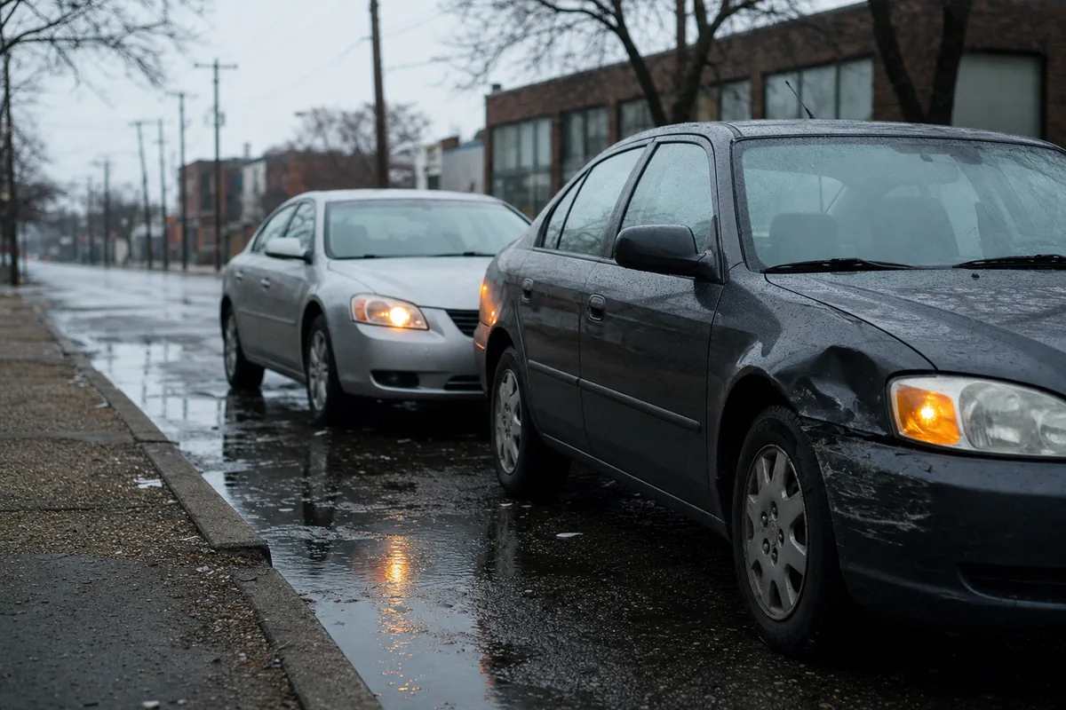 Two cars pulled onto the shoulder after a collision on a Detroit side street