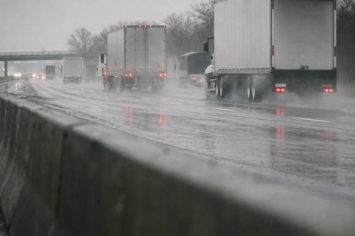 Semi trucks throwing rain spray on I-94 in Michigan