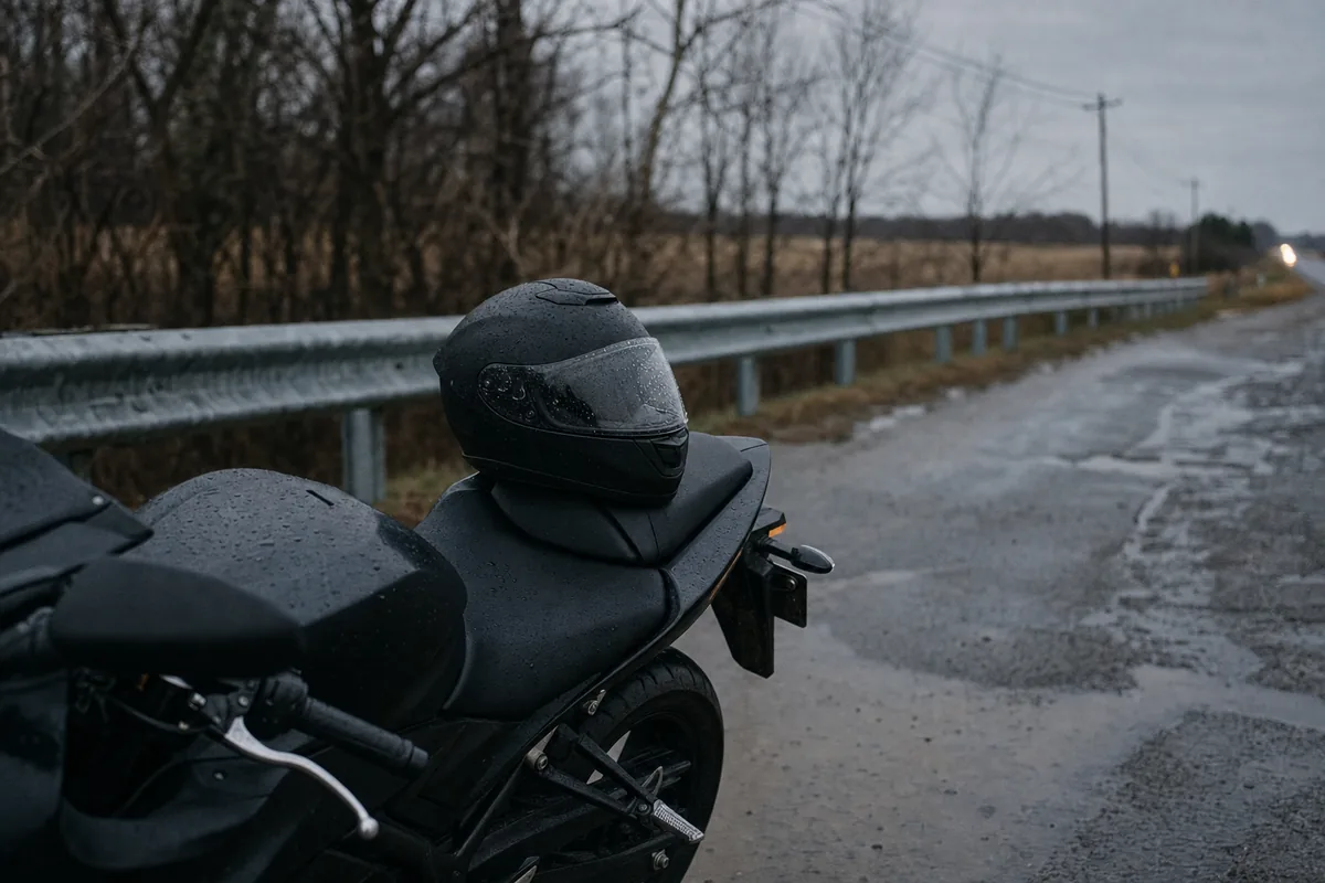 Motorcycle helmet resting on the seat of a parked bike on a wet Michigan road shoulder