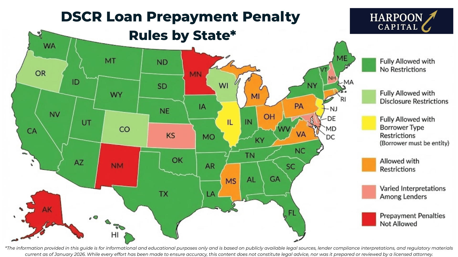 Harpoon Capital map titled 'DSCR Loan Prepayment Penalty Rules by State' displaying a color-coded guide to US regulations, categorizing each state by their specific restrictions—ranging from 'Fully Allowed' to 'Not Allowed'.