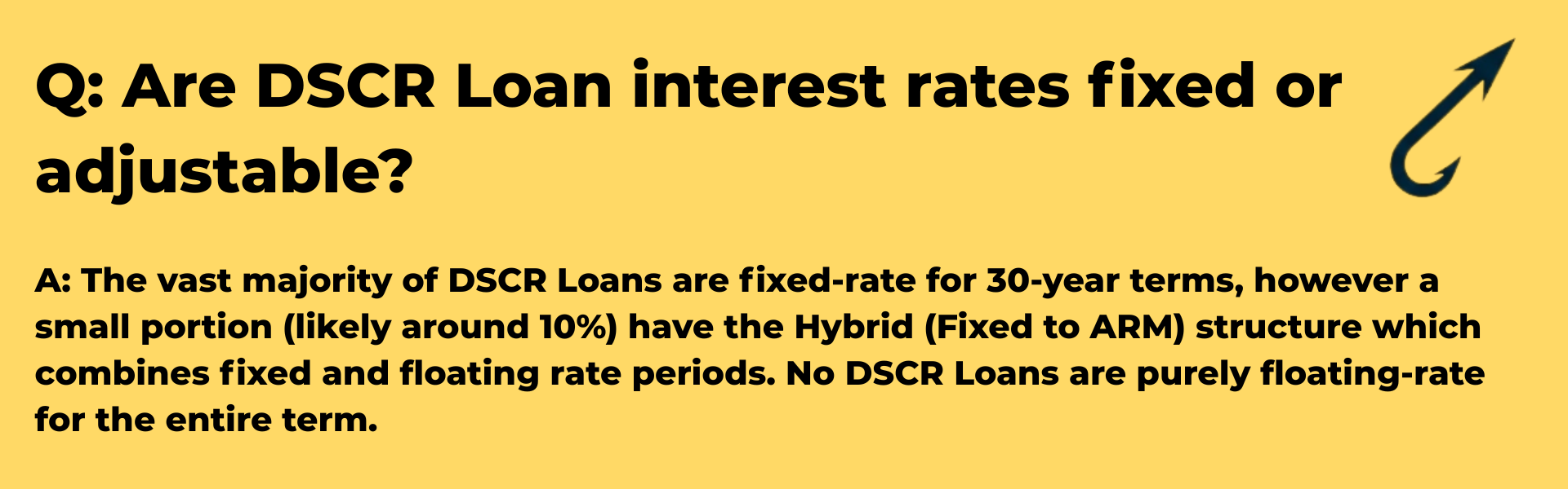 Harpoon Capital Q&A infographic answering 'Are DSCR Loan interest rates fixed or adjustable?' explaining that while most are 30-year fixed, a small portion use a Hybrid (Fixed to ARM) structure.