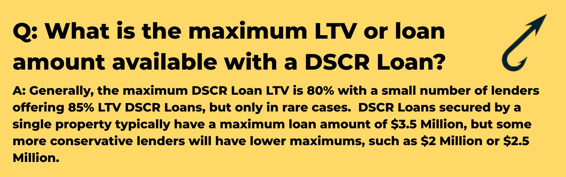 Harpoon Capital Q&A infographic answering 'What is the maximum LTV or loan amount available with a DSCR Loan?' stating that the general maximum is 80% LTV, with rare cases up to 85%, and a typical maximum loan amount of $3.5 million for single properties.