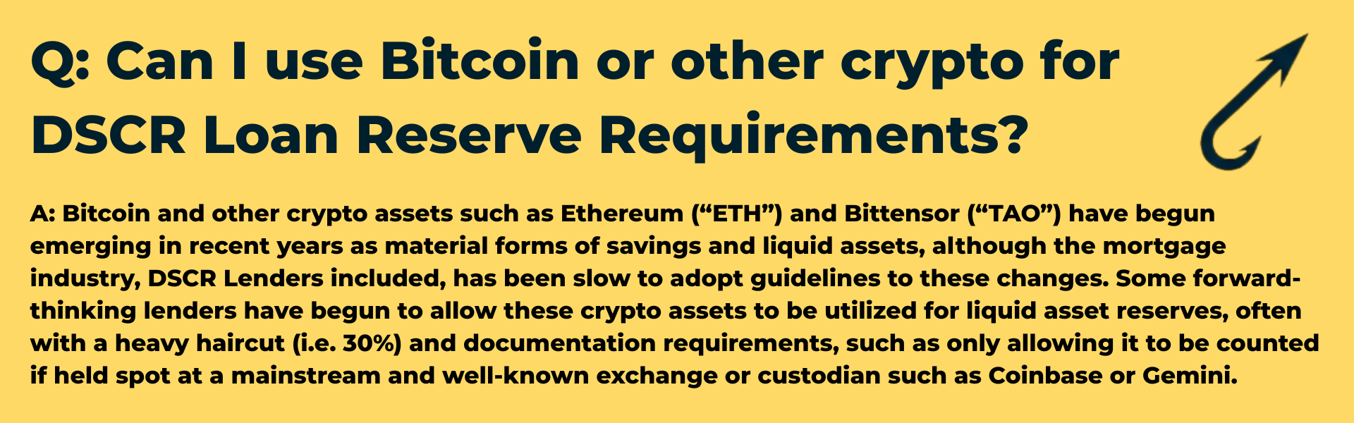 Harpoon Capital infographic answering 'Can I use Bitcoin or other crypto for DSCR Loan Reserve Requirements?' with 'Yes, some forward-thinking lenders allow it.' It specifies that assets like Bitcoin, Ethereum, and Bittensor may count (often with a 30% haircut) if held at major custodians like Coinbase or Gemini.
