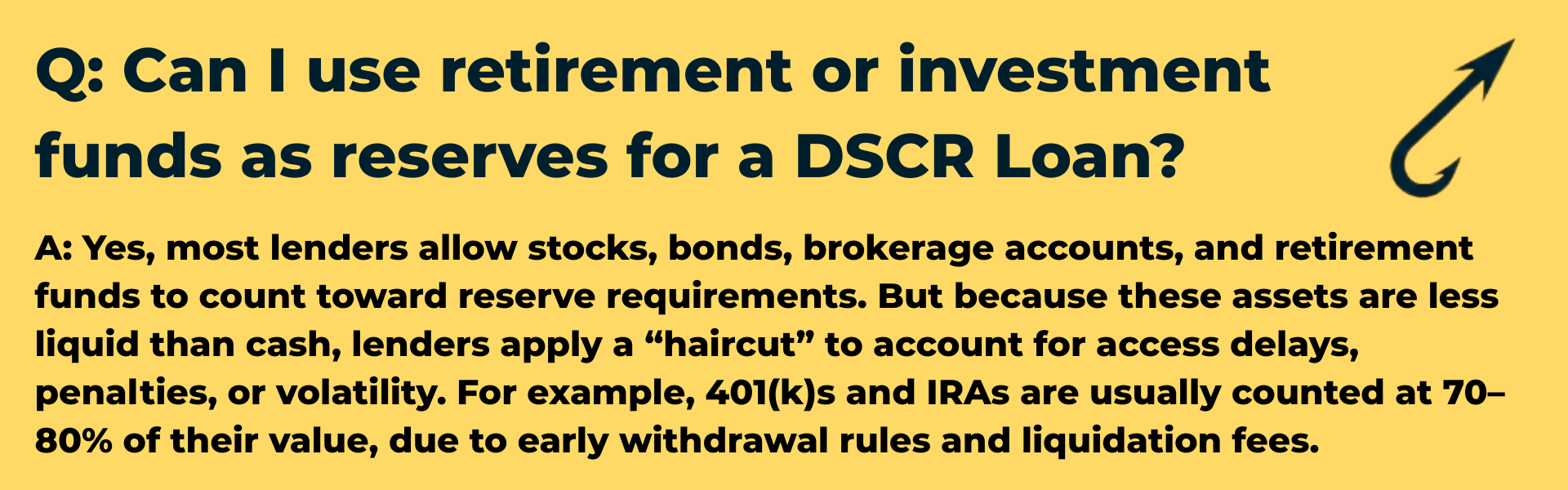 Harpoon Capital infographic answering 'Can I use retirement or investment funds as reserves for a DSCR Loan?' with 'Yes.' It explains that assets like 401(k)s, IRAs, and stock portfolios typically count but are subject to a 70–80% value 'haircut' to account for liquidity.