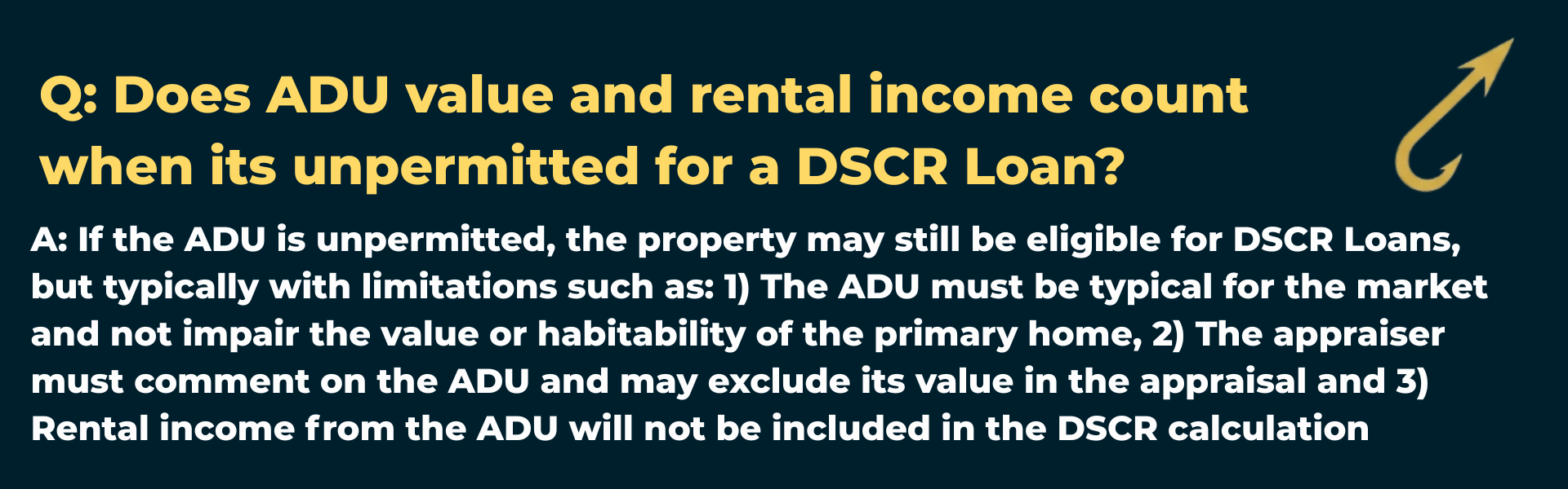 Harpoon Capital infographic asking 'Does ADU value and rental income count when its unpermitted for a DSCR Loan?'. The answer explains that unpermitted ADUs typically exclude rental income from the DSCR calculation and may exclude contributory value from the appraisal.