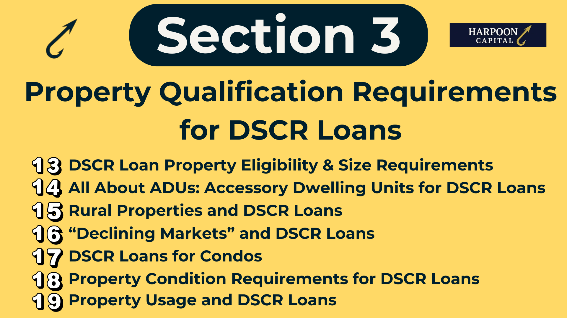Harpoon Capital guide section header for "Section 3: Property Qualification Requirements for DSCR Loans", listing topics 13 through 19 which cover property eligibility, ADUs, rural properties, declining markets, condos, property condition, and property usage