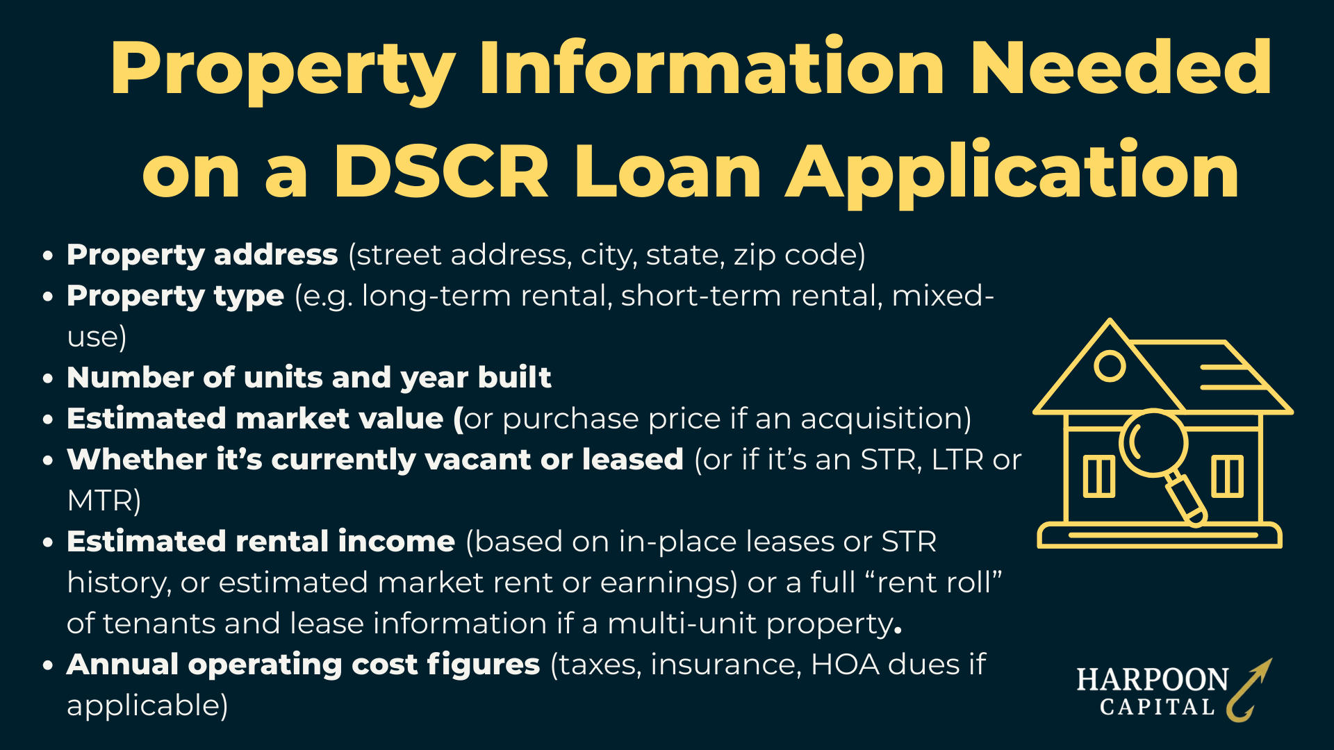 Checklist graphic titled 'Property Information Needed on a DSCR Loan Application' listing details like address, property type, and estimated rental income, with the Harpoon Capital logo