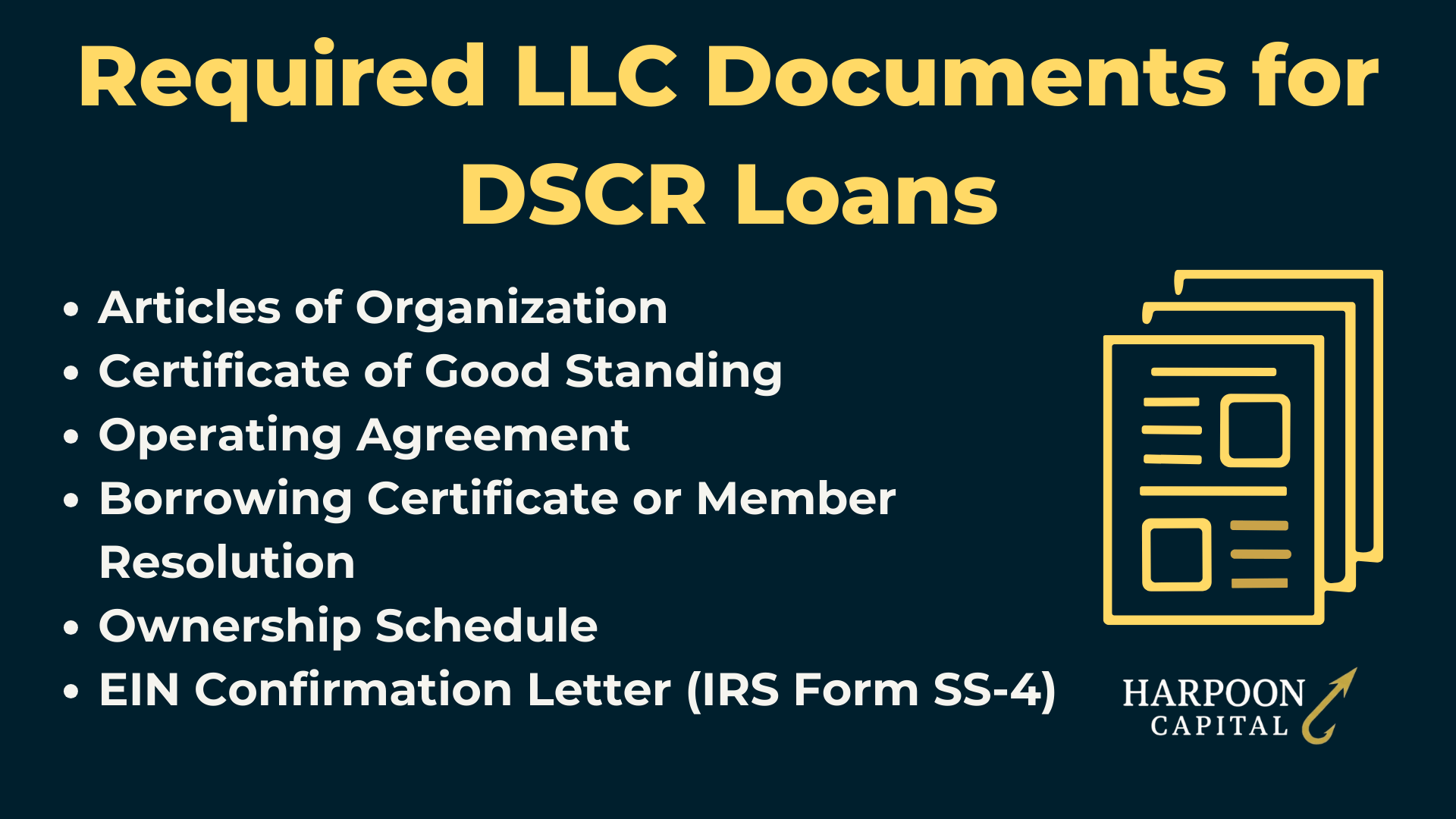 Required LLC Documents for DSCR Loans' listing items such as Articles of Organization, Certificate of Good Standing, Operating Agreement, and EIN Confirmation Letter, with the Harpoon Capital logo