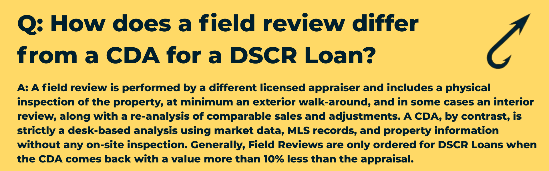 Q&A graphic with the Harpoon Capital hook icon asking: 'How does a field review differ from a CDA for a DSCR Loan?' The answer explains that a field review involves a physical inspection by a second appraiser, while a CDA is a desk-based analysis; field reviews are typically ordered only if the CDA value is more than 10% lower than the original appraisal