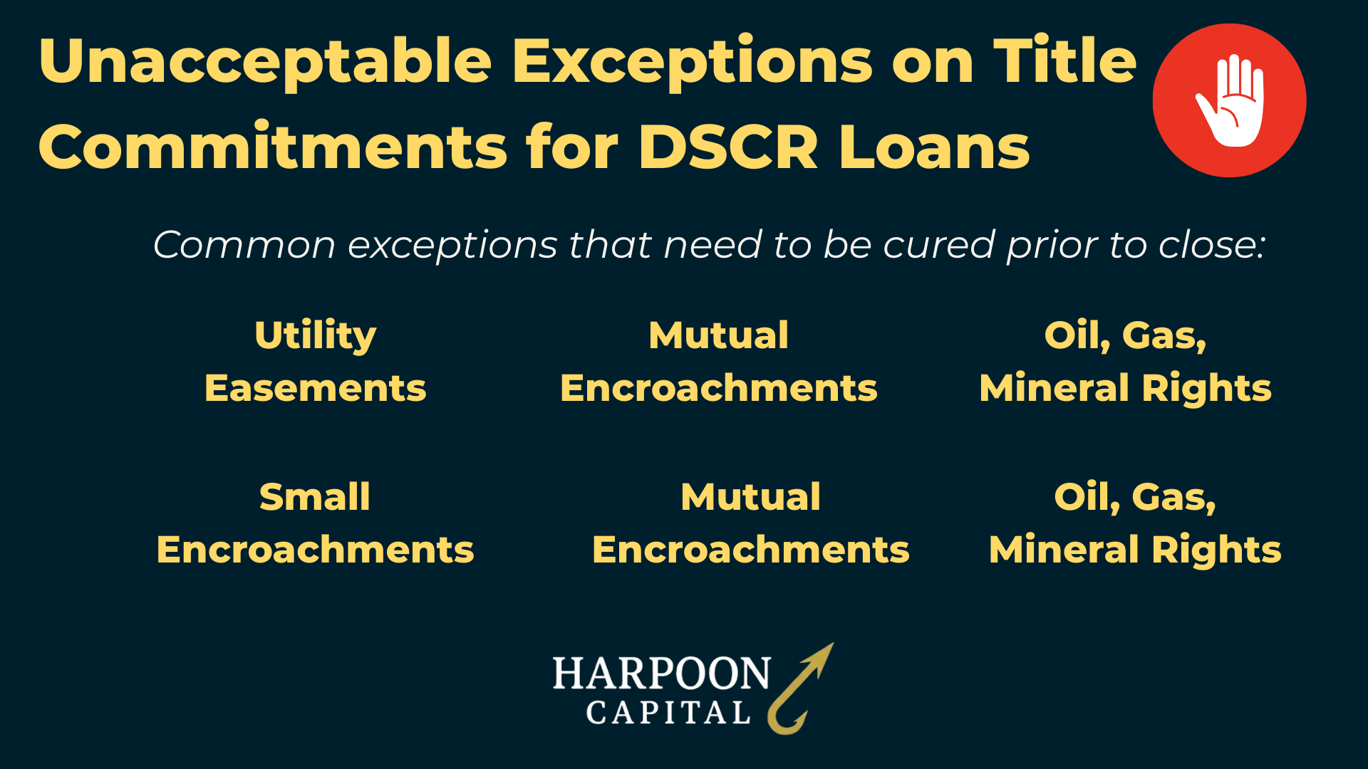 Section header graphic with the text 'Unacceptable Exceptions on Title Commitments for DSCR Loans', with the Harpoon Capital logo