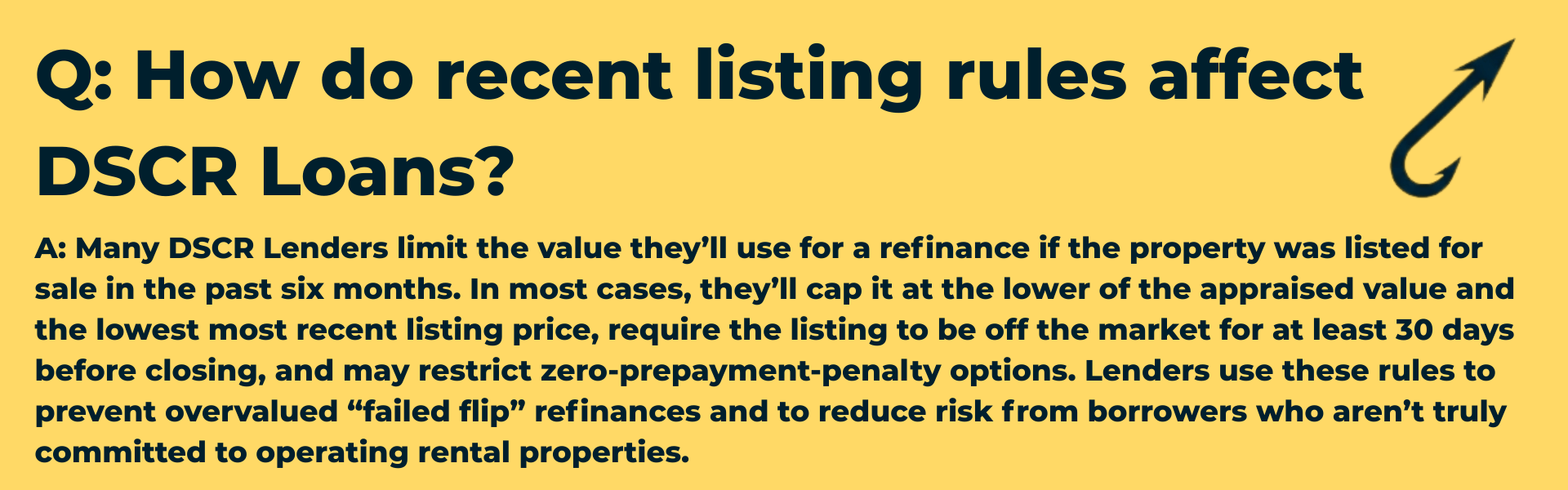 Q&A graphic with the Harpoon Capital hook icon asking: 'How do recent listing rules affect DSCR Loans?' The answer warns that properties listed for sale within the last 6 months may have their valuation capped at the lowest list price and face prepayment penalty restrictions.
