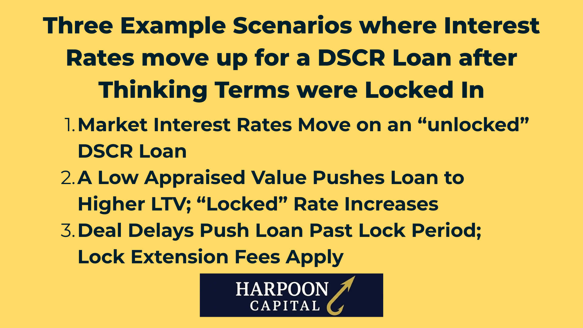 Harpoon Capital Infographic: Three Example Scenarios where Interest Rates move up for a DSCR Loan after Thinking Terms were Locked In – 1. Market Interest Rates Move on an “unlocked” DSCR Loan, 2. A Low Appraised Value Pushes Loan to Higher LTV; “Locked” Rate Increases, 3. Deal Delays Push Loan Past Lock Period; Lock Extension Fees Apply
