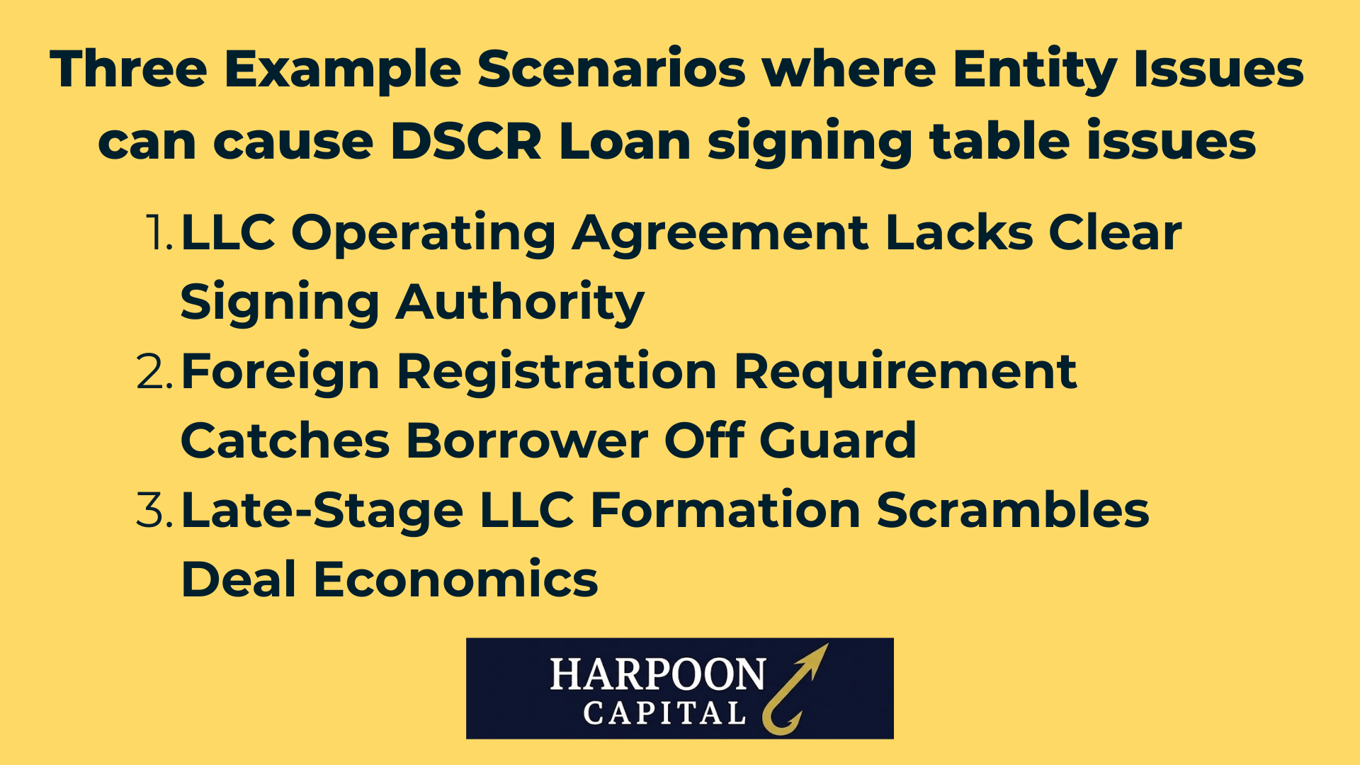 Harpoon Capital Infographic: Three Example Scenarios where Entity Issues can cause DSCR Loan signing table issues – 1. LLC Operating Agreement Lacks Clear Signing Authority, 2. Foreign Registration Requirement Catches Borrower Off Guard, 3. Late-Stage LLC Formation Scrambles Deal Economics