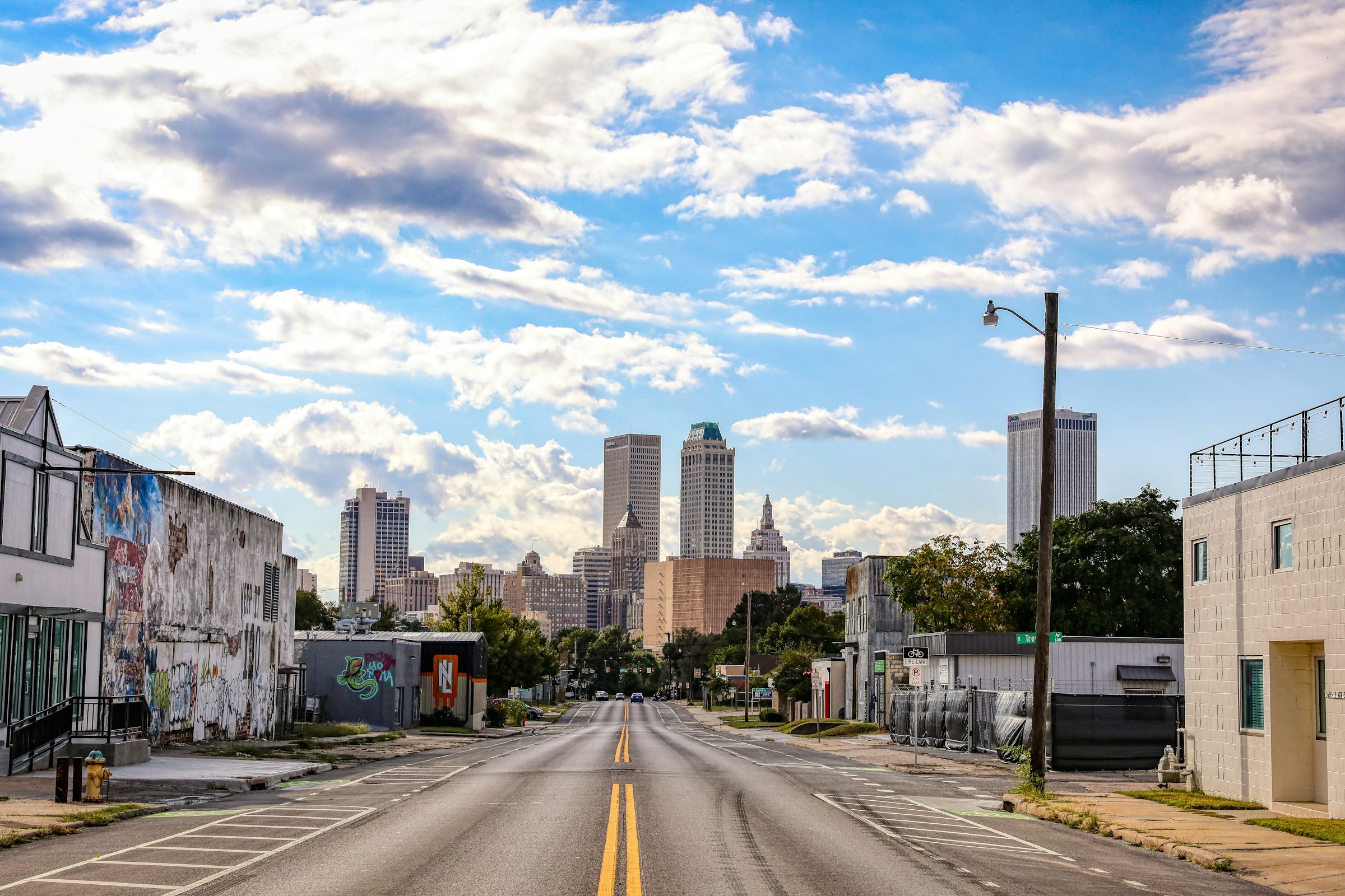 Street view toward the downtown Tulsa, Oklahoma skyline