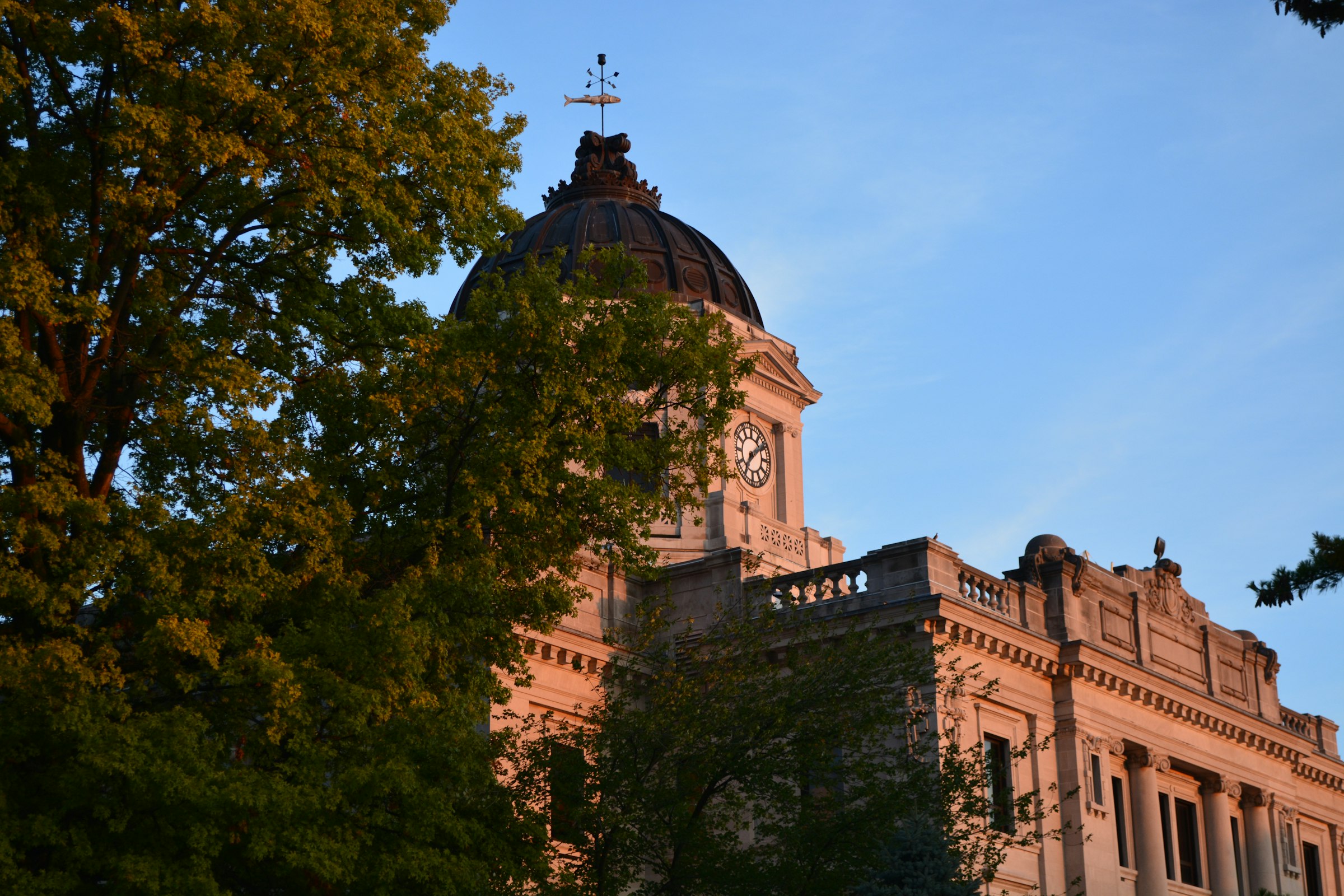 Monroe County Courthouse at sunset in Bloomington, Indiana