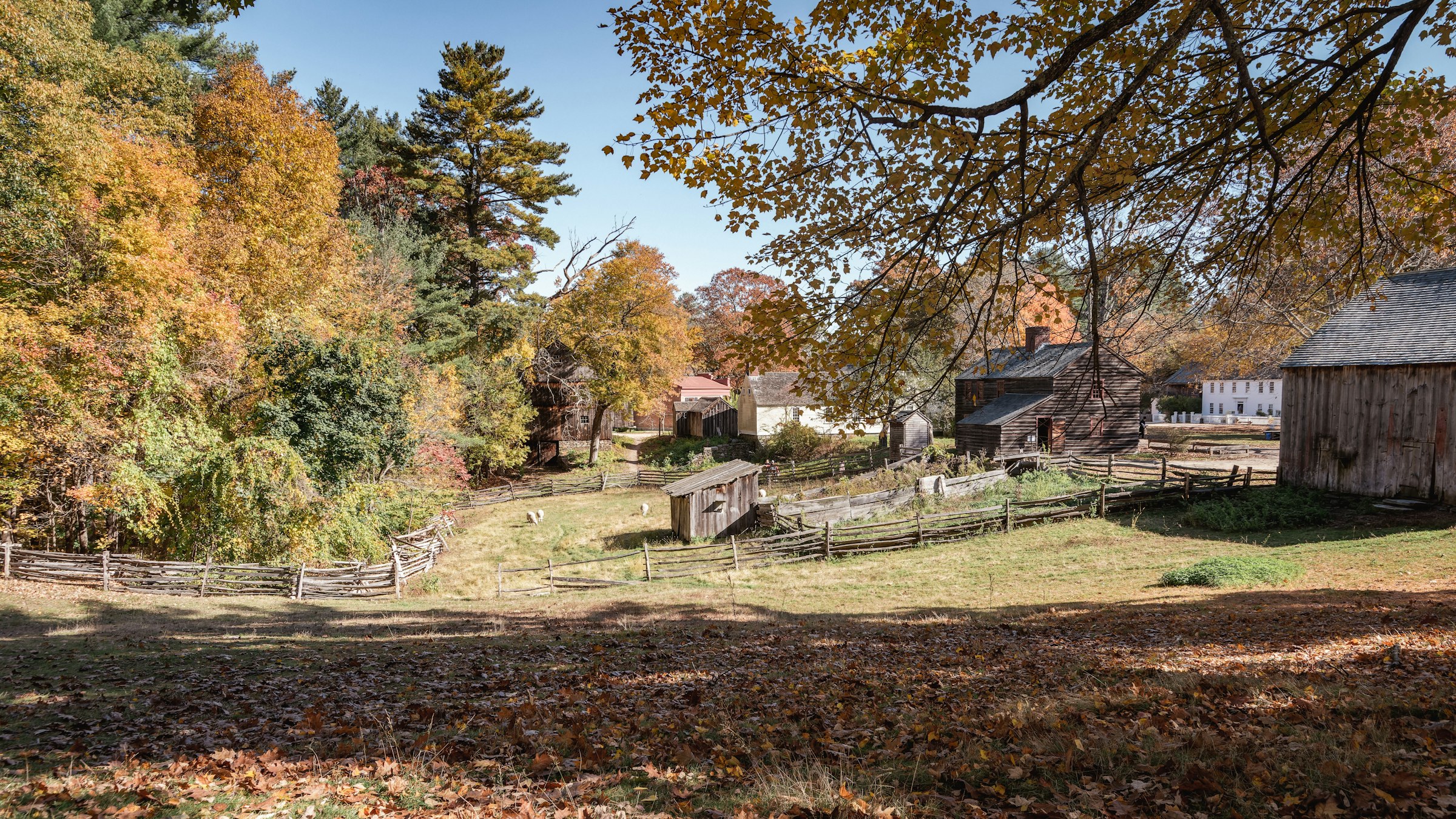 Autumn color over the historic farm fields of Old Sturbridge Village, Massachusetts