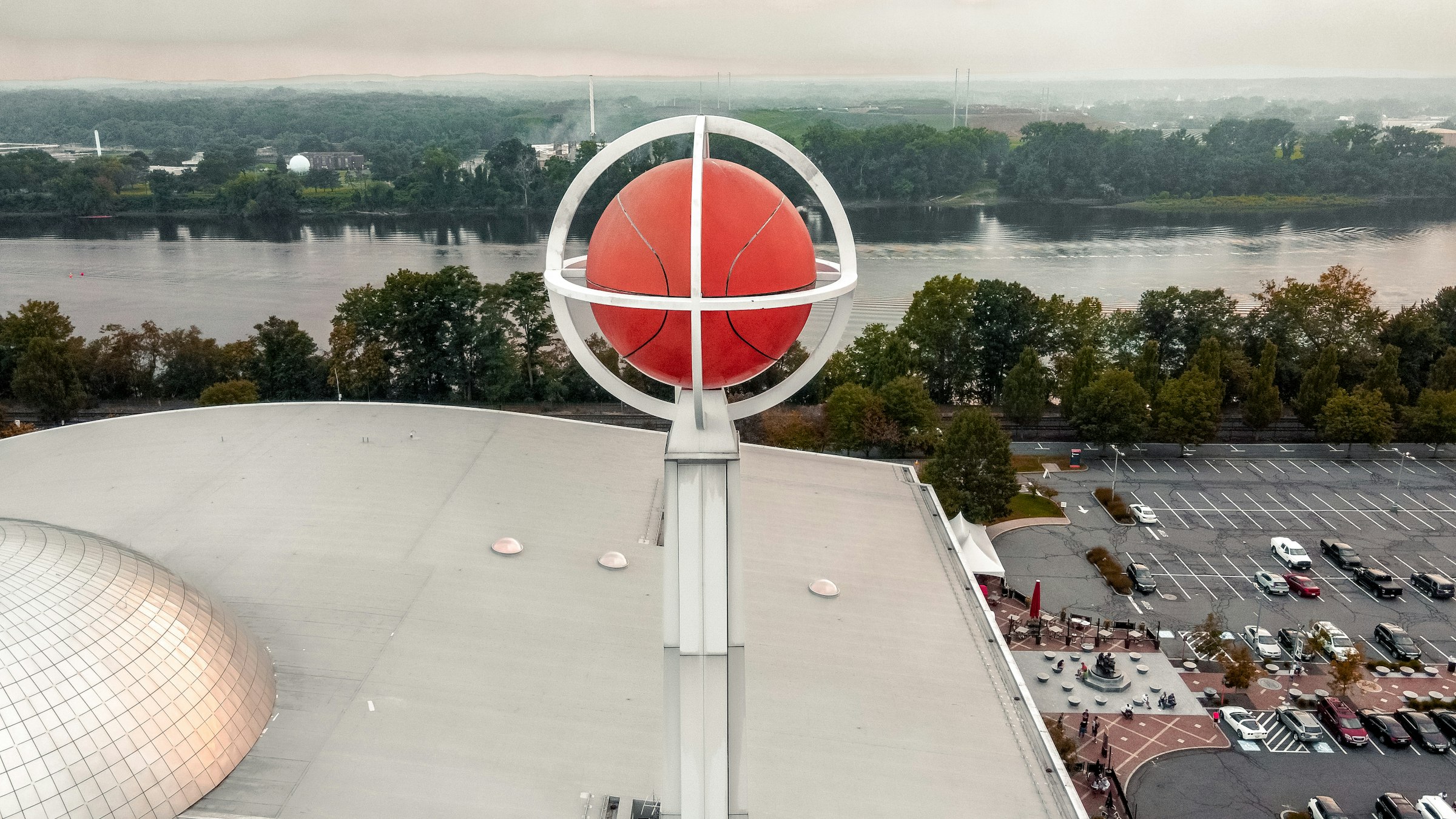 Aerial view of the Basketball Hall of Fame and the Connecticut River in Springfield, Massachusetts