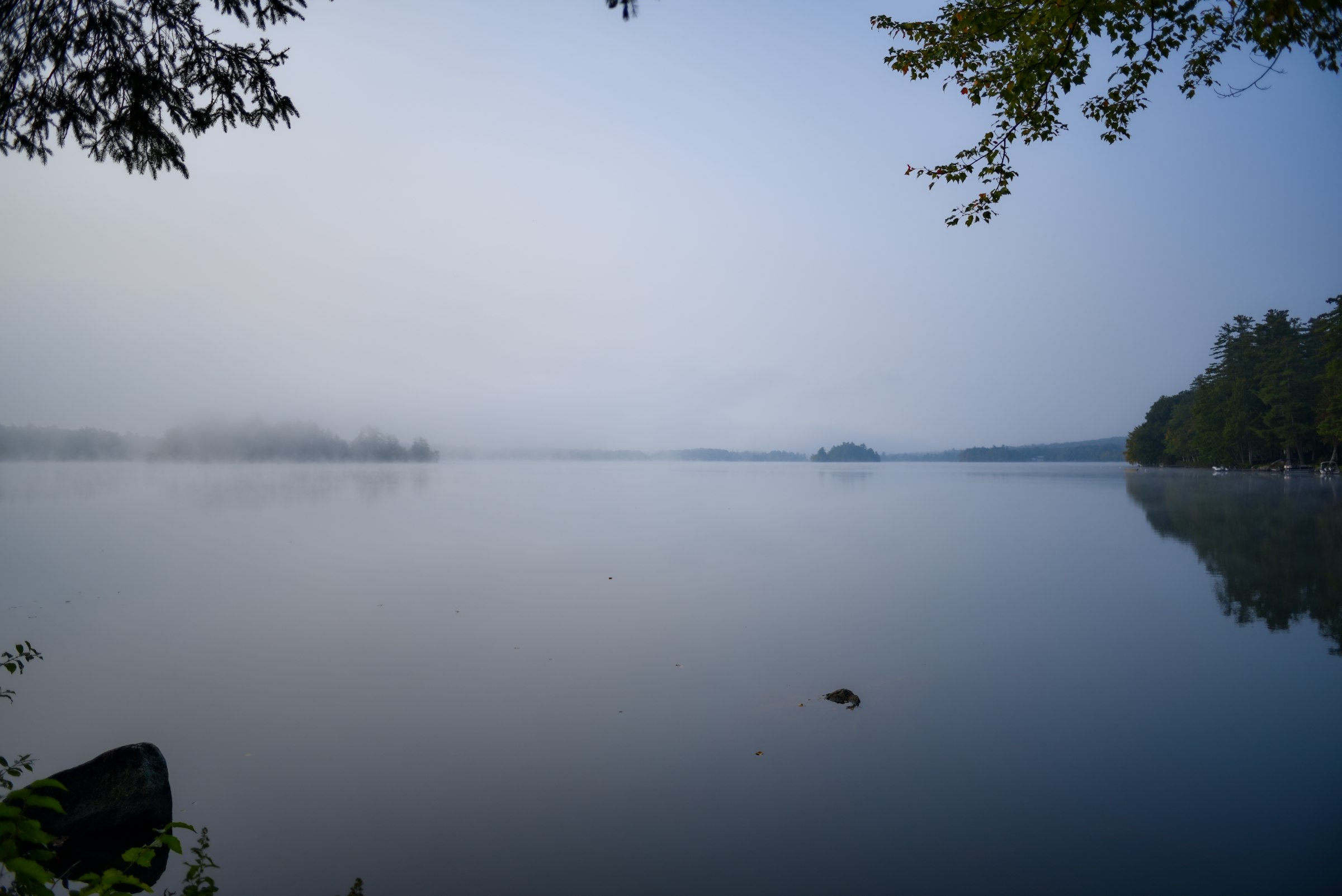 Fog drifting over a forest-lined lake in Maine
