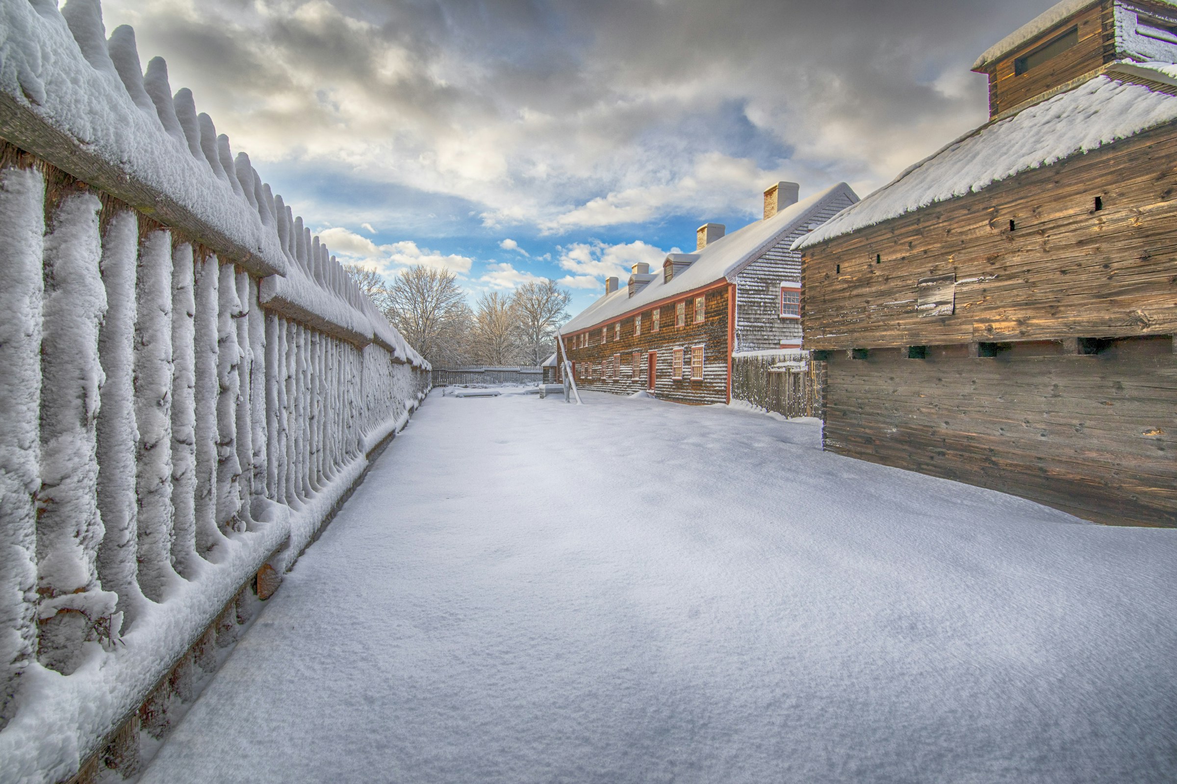 Historic Fort Western on the Kennebec River in Augusta, Maine in winter