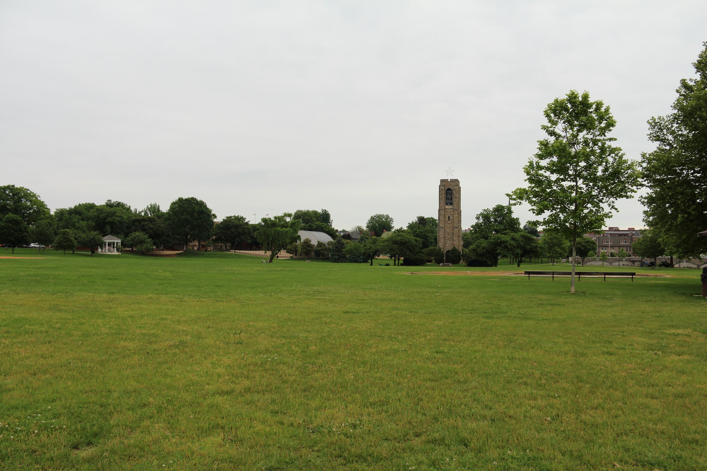 Baker Park lawn and carillon tower in Frederick, Maryland