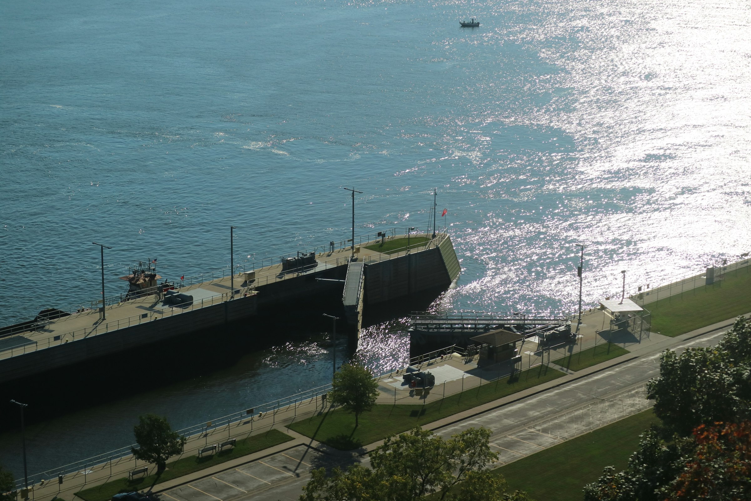 Aerial view of the Mississippi River riverfront in eastern Iowa